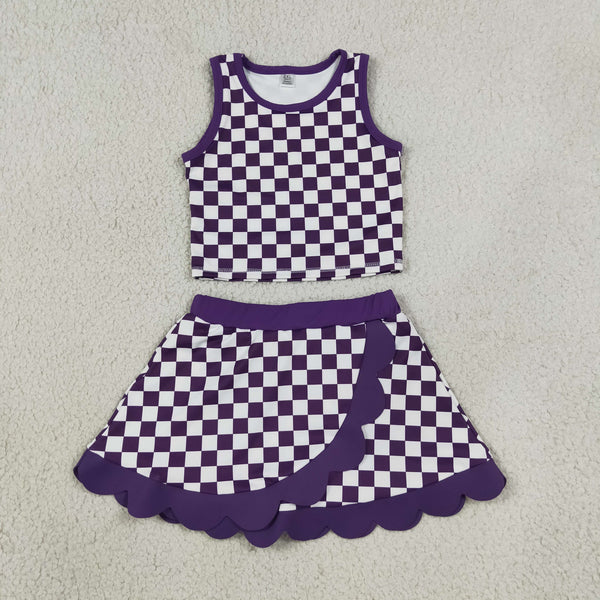 RTS GSD4251 baby girl clothes checkered print yoga athletic sleeveless tank top scallop skirt outfit