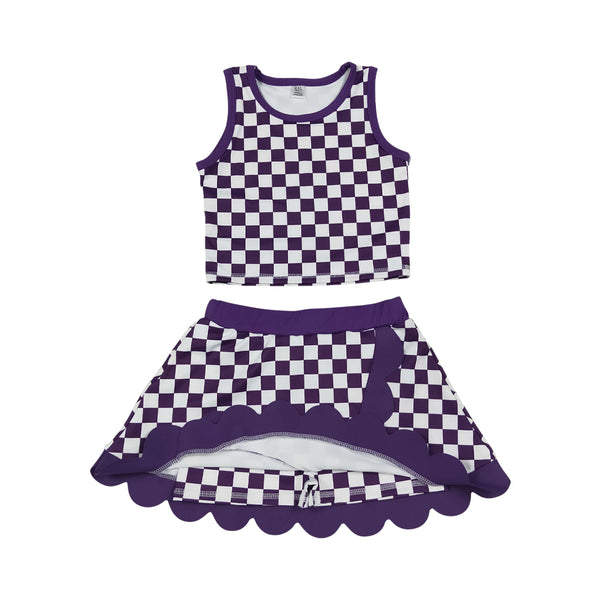 RTS Matching clothing kids checkered print yoga athletic baby girl summer skirt set‑2026.9.4