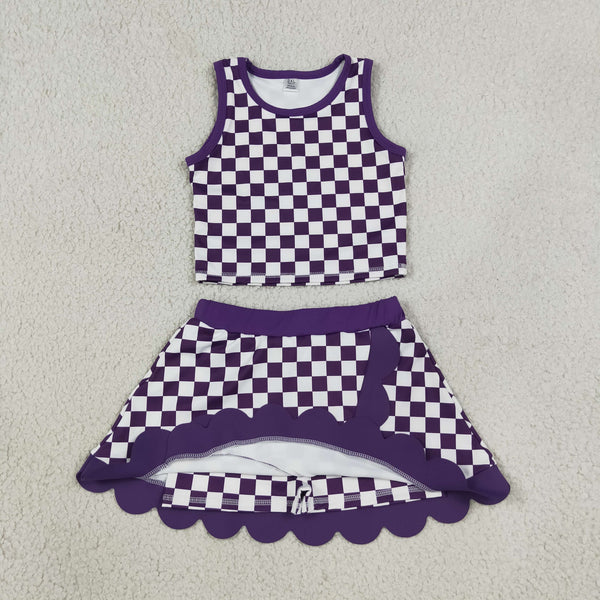 RTS GSD4251 baby girl clothes checkered print yoga athletic sleeveless tank top scallop skirt outfit