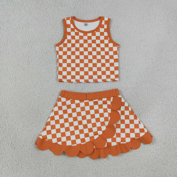 RTS GSD4252 girls yellow orange plaid sleeveless skirt outfits yoga sports clothing set