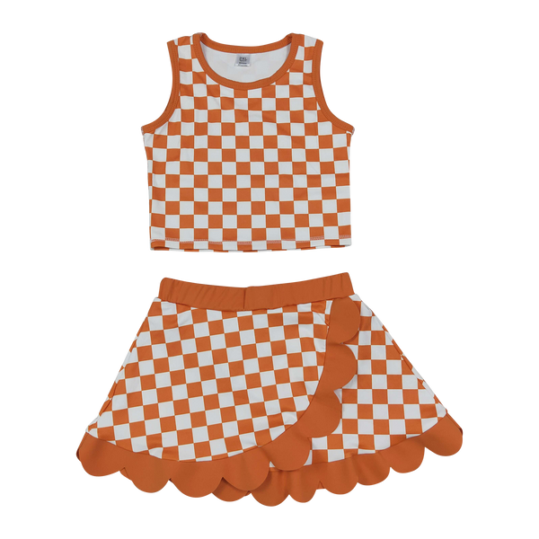 RTS Matching clothing kids checkered print yoga athletic baby girl summer skirt set‑2026.9.4