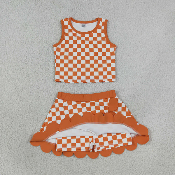 RTS GSD4252 girls yellow orange plaid sleeveless skirt outfits yoga sports clothing set