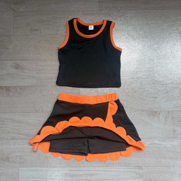 no MOQ GSD4259 pre-order  toddler girl clothes sports outfit  orange black bows scalloped skirt shorts set -real pic 2026.7.26