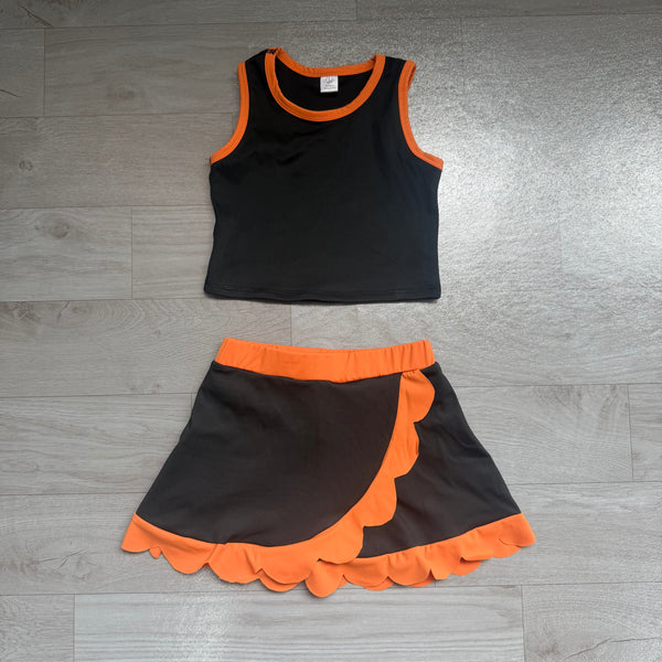 no MOQ GSD4259 pre-order  toddler girl clothes sports outfit  orange black bows scalloped skirt shorts set -real pic 2026.7.26