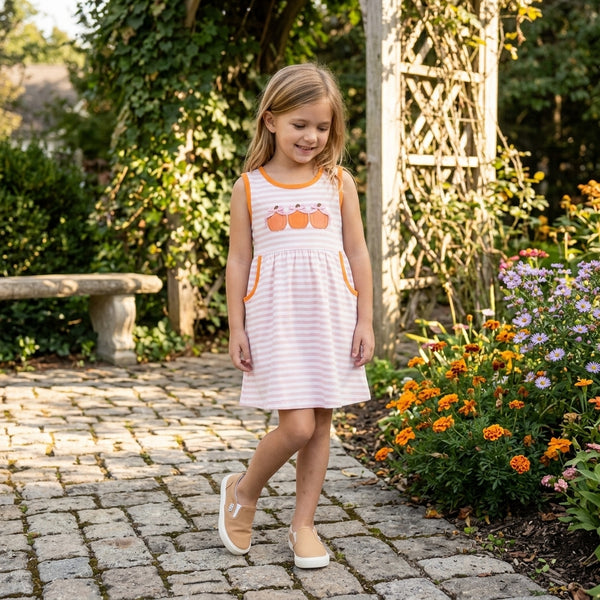 RTS GSD4265 toddler girl clothes pumpkin applique stripe print sleeveless tank dress outfit