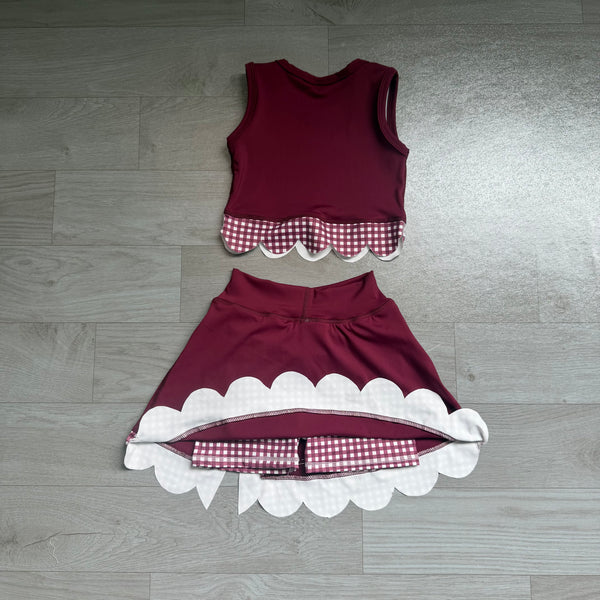 no MOQ GSD4266  pre-order  toddler girl clothes sports clothing set red plaid bows scalloped skirt shorts set -real pic 2026.7.28