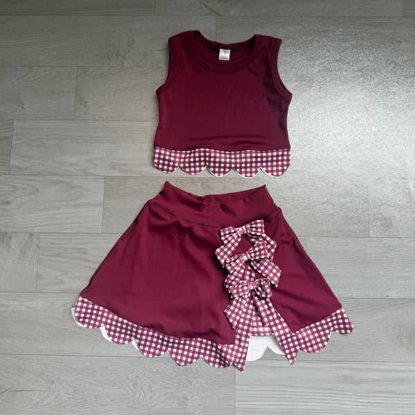 no MOQ GSD4266  pre-order  toddler girl clothes sports clothing set red plaid bows scalloped skirt shorts set -real pic 2026.7.28