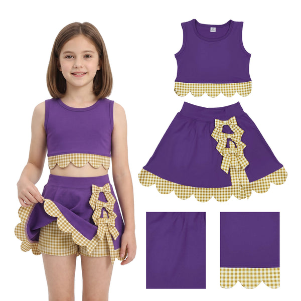 RTS GSD4267 toddler clothes bows yellow plaid purple girl summer yoga set sports clothing set skirt set