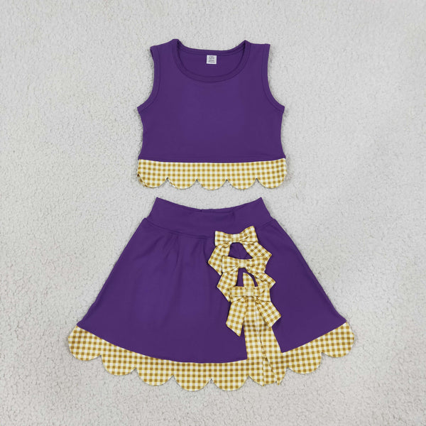 RTS GSD4267 toddler clothes bows yellow plaid purple girl summer yoga set sports clothing set skirt set