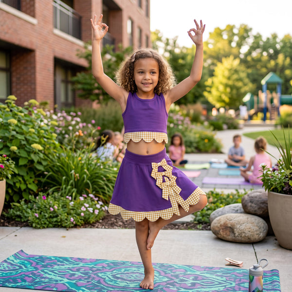 RTS GSD4267 toddler clothes bows yellow plaid purple girl summer yoga set sports clothing set skirt set