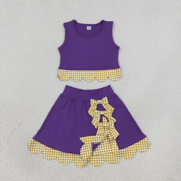 RTS GSD4267 toddler clothes bows yellow plaid purple girl summer yoga set sports clothing set skirt set
