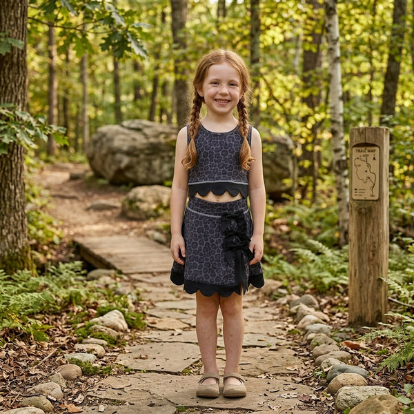 RTS GSD4268 baby girl clothes dark leopard print sleeveless scallop yoga skirt outfit sports clothing set
