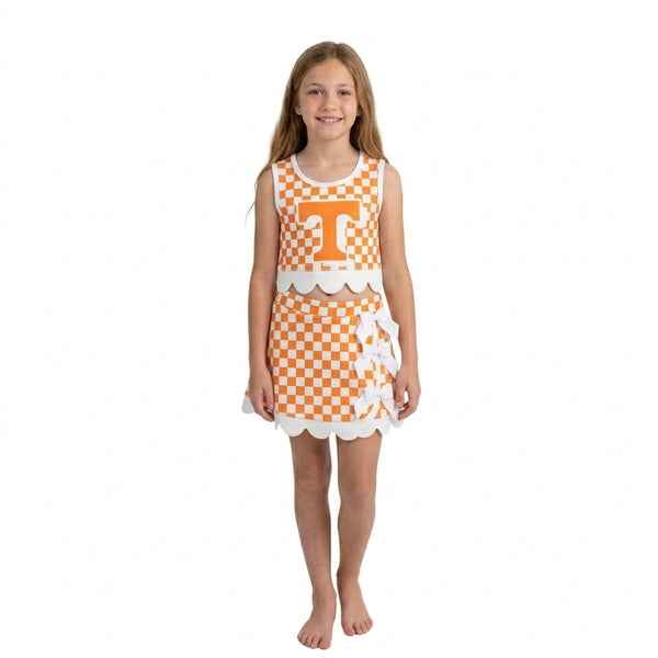 RTS GSD4282 toddler girl clothes checkered print sleeveless yoga scallop skirt outfit