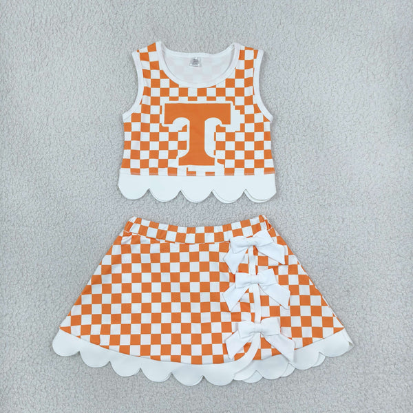 RTS GSD4282 toddler girl clothes checkered print sleeveless yoga scallop skirt outfit