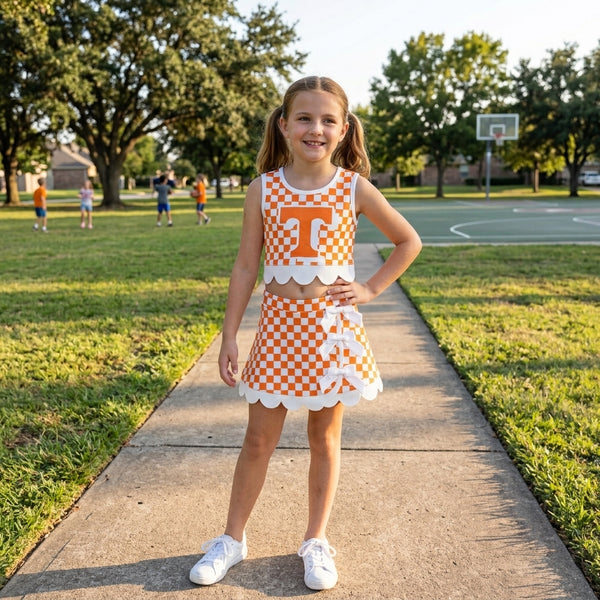 RTS GSD4282 toddler girl clothes checkered print sleeveless yoga scallop skirt outfit