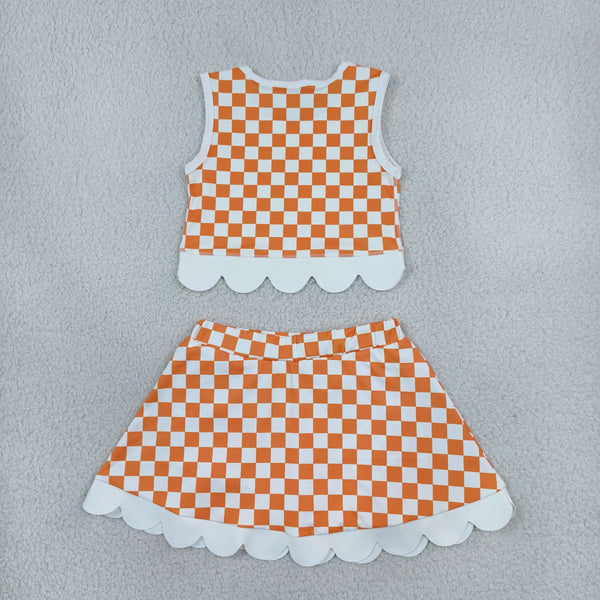 RTS GSD4282 toddler girl clothes checkered print sleeveless yoga scallop skirt outfit