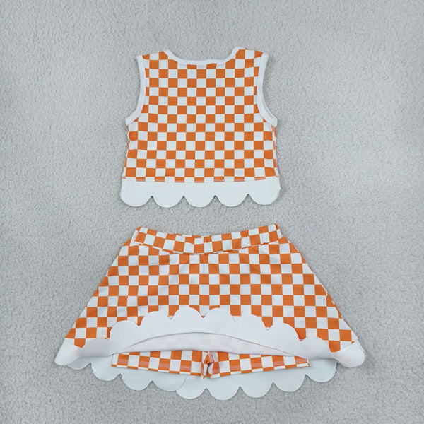 RTS GSD4282 toddler girl clothes checkered print sleeveless yoga scallop skirt outfit