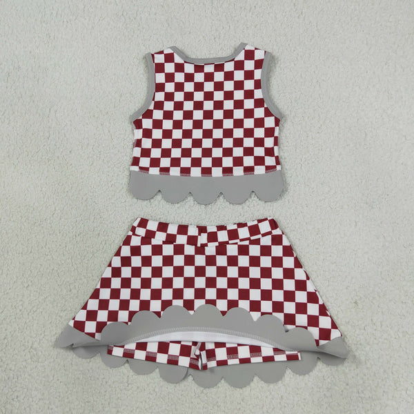RTS GSD4284 toddler girl yoga clothes red check print sleeveless skirt outfit