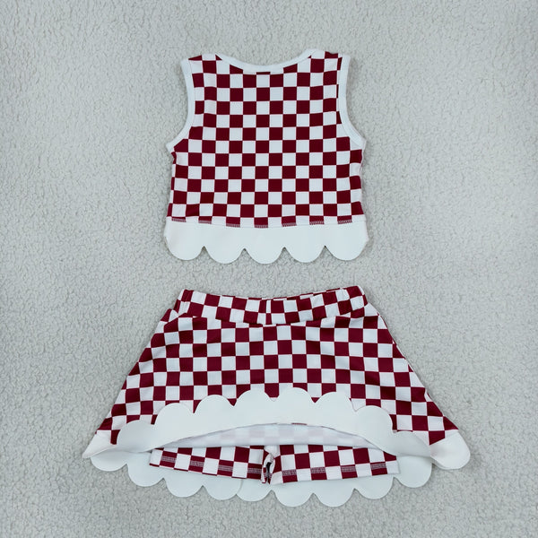 RTS GSD4286 toddler girl clothes checkered print sleeveless yoga scallop skirt outfit