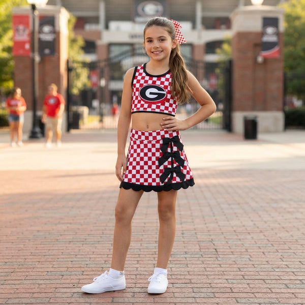 RTS GSD4287 baby girl clothes checkered print sleeveless scallop top skort yoga athletic set