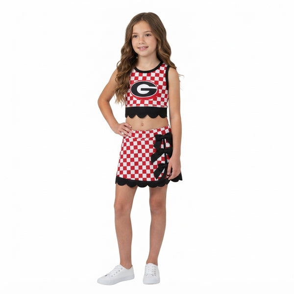 RTS GSD4287 baby girl clothes checkered print sleeveless scallop top skort yoga athletic set