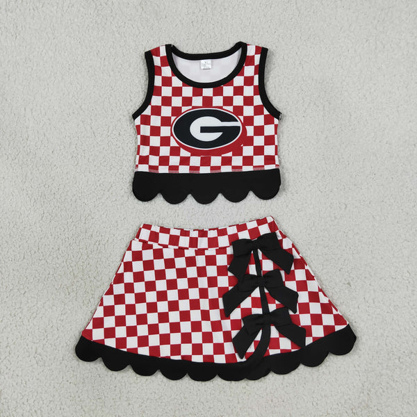 RTS GSD4287 baby girl clothes checkered print sleeveless scallop top skort yoga athletic set