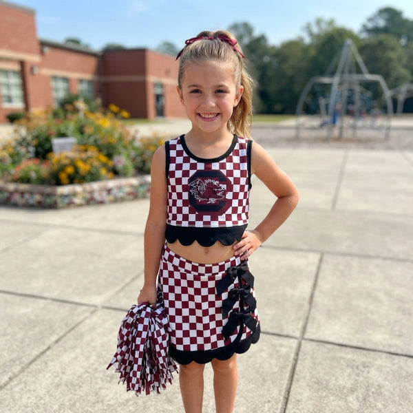 RTS GSD4288 baby girl clothes checkered print sleeveless yoga top scallop skirt