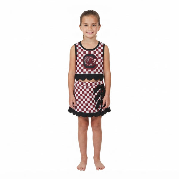 RTS GSD4288 baby girl clothes checkered print sleeveless yoga top scallop skirt
