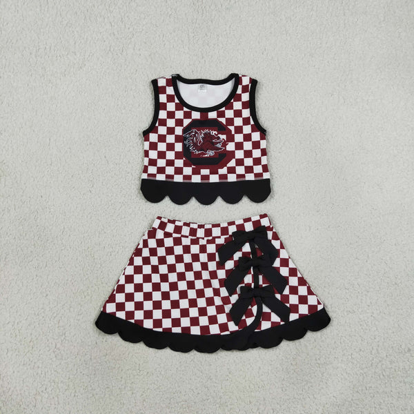 RTS GSD4288 baby girl clothes checkered print sleeveless yoga top scallop skirt
