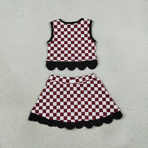 RTS GSD4288 baby girl clothes checkered print sleeveless yoga top scallop skirt