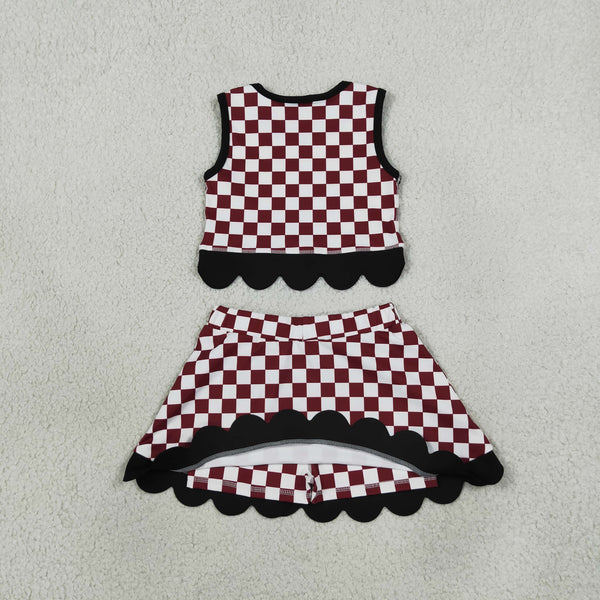 RTS GSD4288 baby girl clothes checkered print sleeveless yoga top scallop skirt