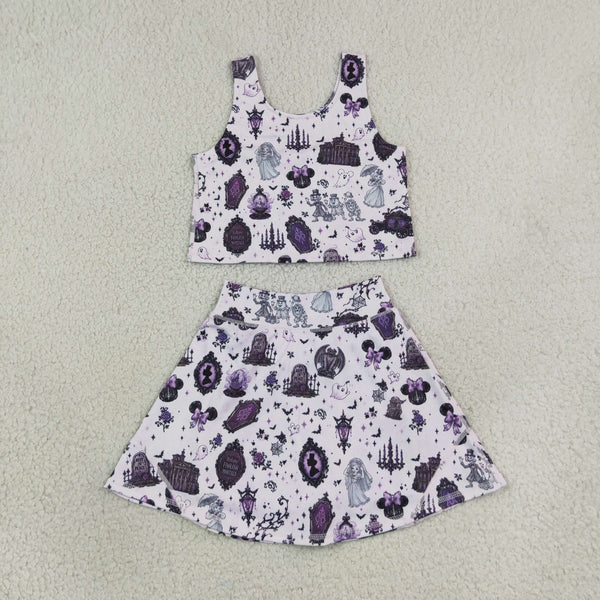 RTS GSD4289 baby girl clothes halloween haunted house print sleeveless yoga top skirt