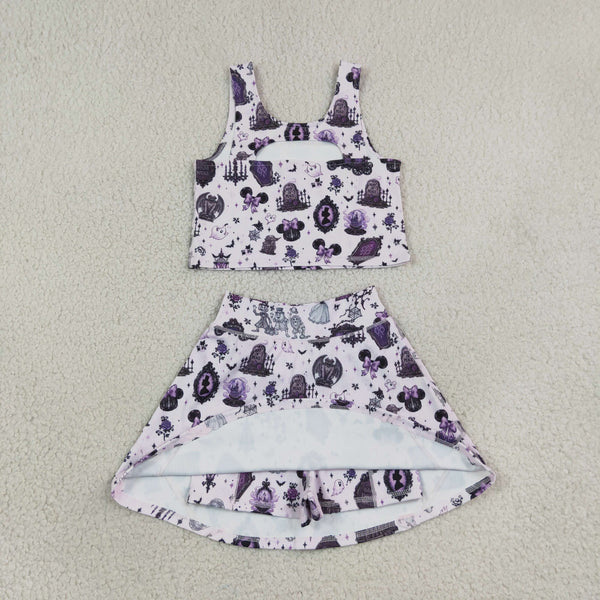 RTS GSD4289 baby girl clothes halloween haunted house print sleeveless yoga top skirt