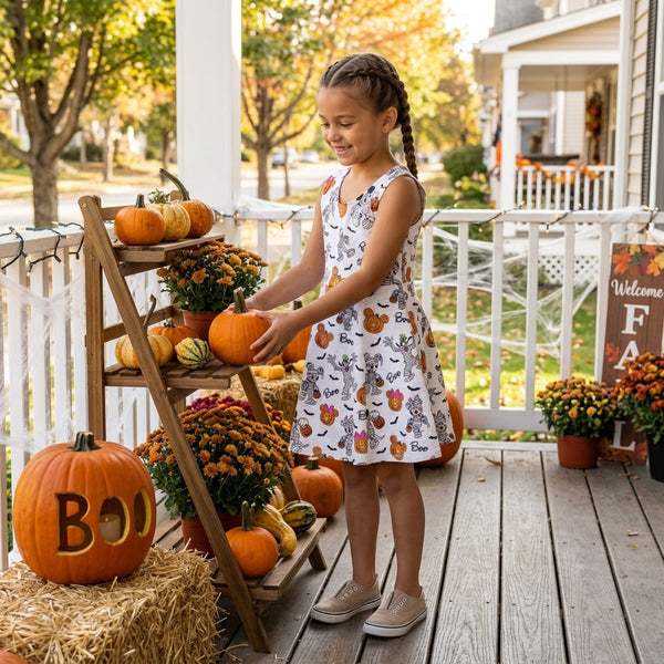 RTS GSD4291 baby girl halloween mickey mummy pumpkin print clothes sleeveless athletic yoga flare dress sports clothes