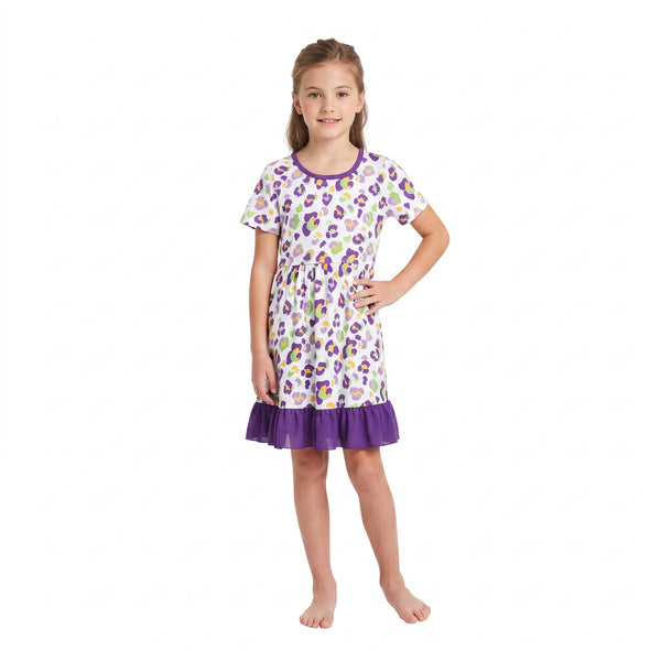 RTS GSD4321 toddler girl clothes Mardi Gras leopard print short sleeve dress