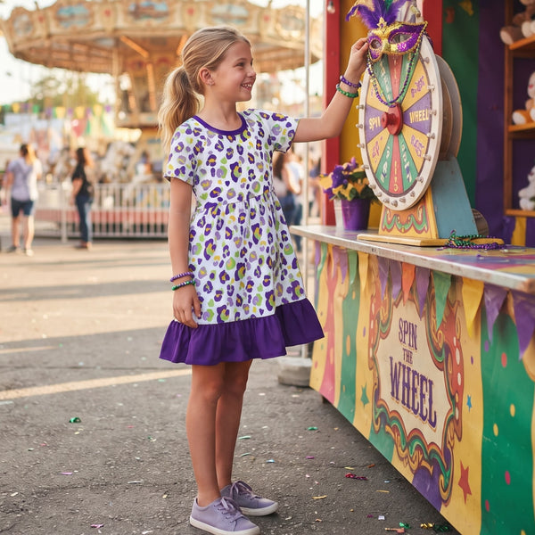 RTS GSD4321 toddler girl clothes Mardi Gras leopard print short sleeve dress