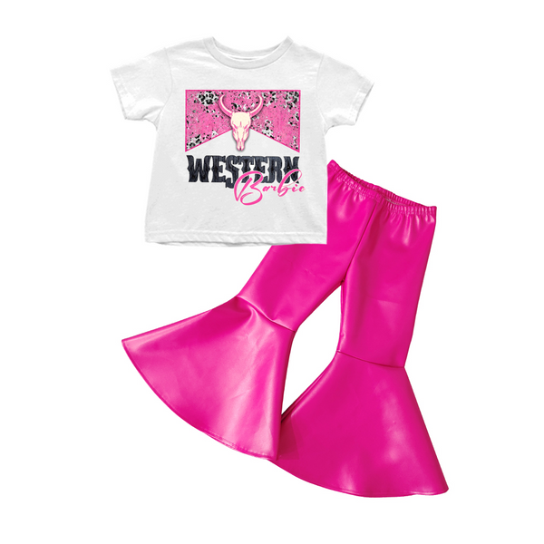 GSPO0453 baby girl clothes hot pink western clothing bell bottom set