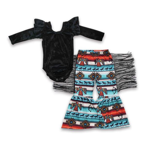 GSPO0552 baby girl clothes toddler girl bell bottom outfit tassel western set