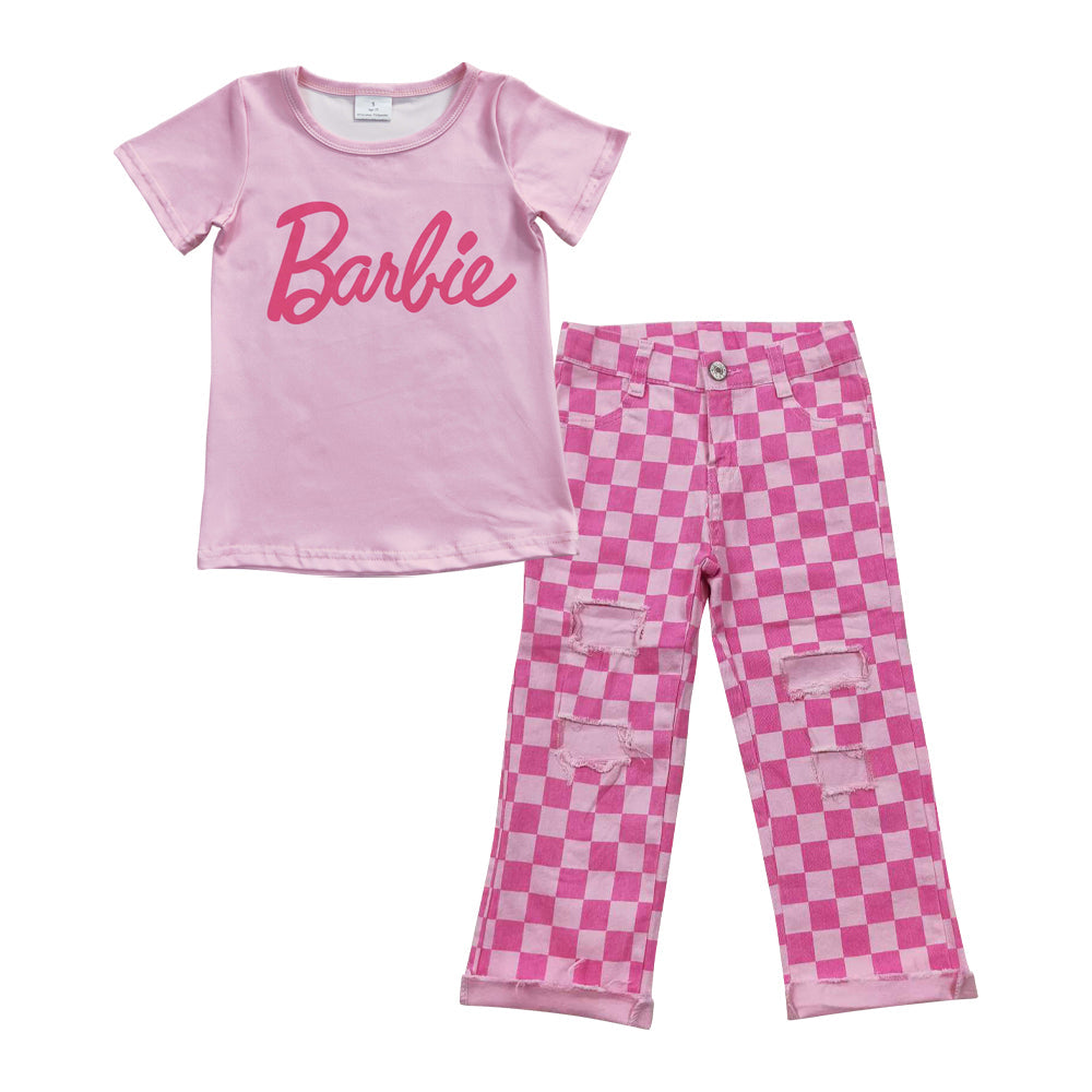 GSPO0807 baby girl clothes girl pink bell bottom set