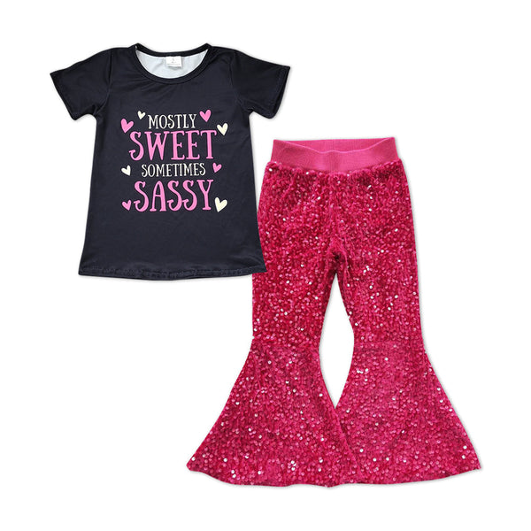 GSPO1235 baby girl clothes pink valentine's day sequins bell bottom outfit