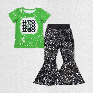 GSPO1299 baby girl clothes cow pattern lucky girl St. Patrick sequin flared pants outfits