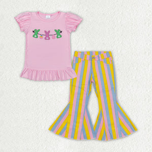 GSPO1405 baby girl clothes embroidery three rabbits girl easter bell bottoms jeans outfits