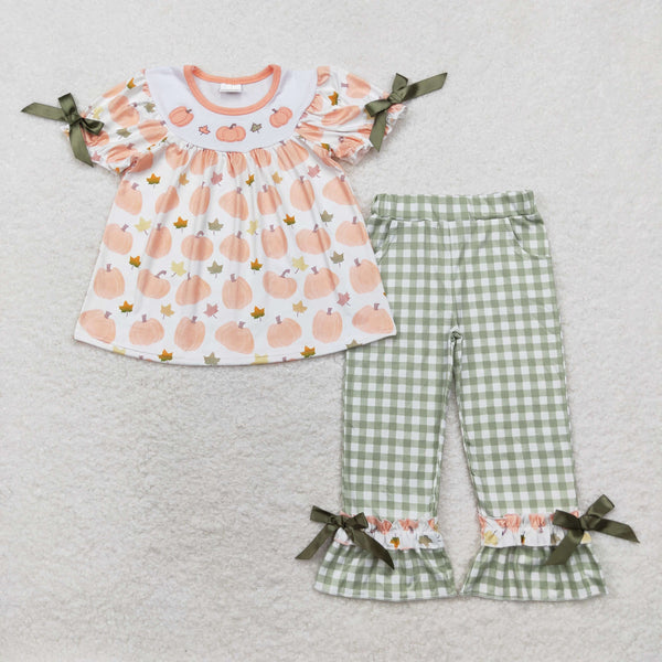 GSPO1640 RTS baby girl clothes peach girl fall pant sets embroidery