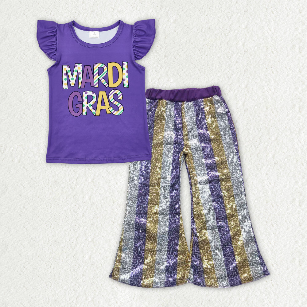 GSPO1832 baby girl clothes girl mardi gras outfit toddler purple sequin pant set party wear