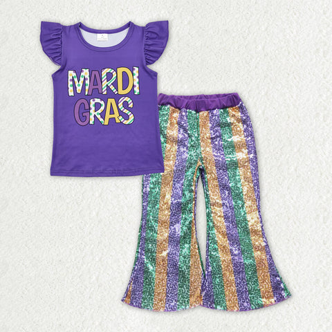 GSPO1833 baby girl clothes girl mardi gras outfit toddler purple sequin pant set party wear