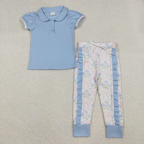 GSPO2069 RTS girl clothes blue floral princess spring fall pants set