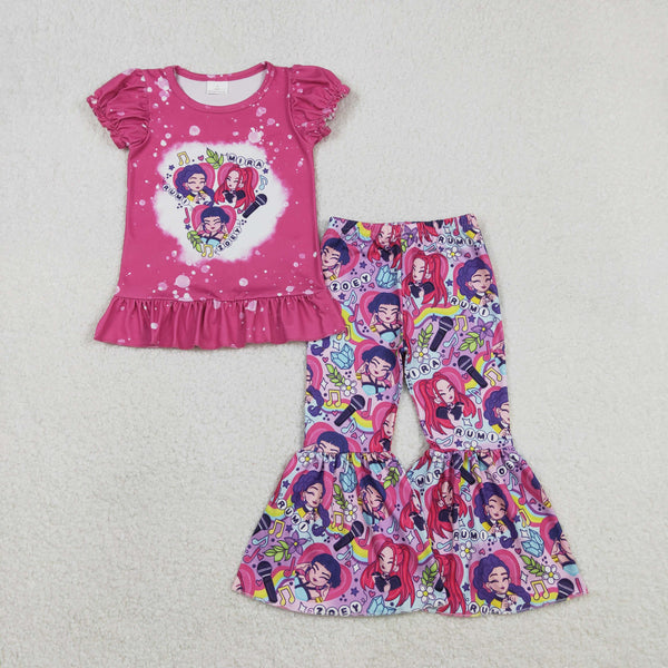 GSPO2128 RTS toddler girl clothes pink funny movie girl bell bottom pant set