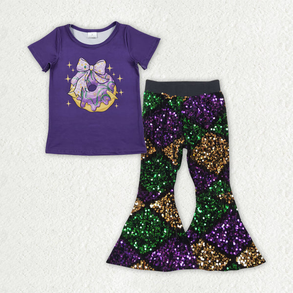 GSPO2181  toddler girl clothes donut print girl mardi gras sequins bell bottom pant set