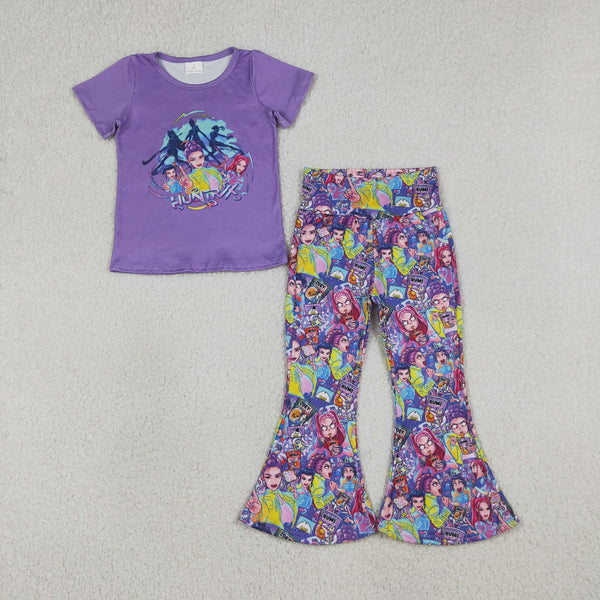 GSPO2288 baby girl clothes cartoon girl purple bell bottom outfit spring fall clothing set