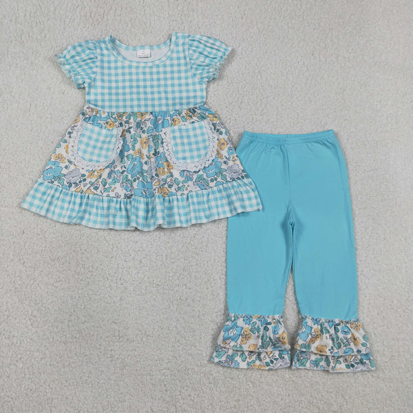 RTS  GSPO2282 kids clothes flower pockets girl spring clothing set pants set